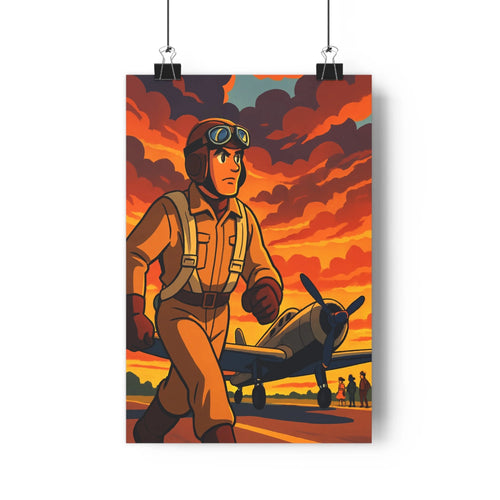 Poster pilote avion piste coucher soleil nuages rouges orangés bleus observateurs ambiance dramatique style rétro intérieur salon