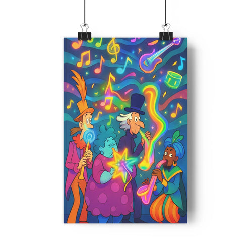 Poster musical joyeux personnages instruments élégants notes de musique décor festif couleurs vives style cartoon ambiance lumineuse salon chambre bureau
