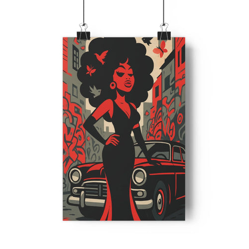 Poster moderne femme cheveux rouges robe noire voiture rouge papillons urbain abstraction géométrique gris dynamisme sophistication liberté minimalisme