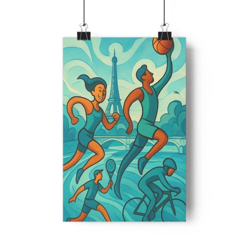 Poster sportif personnages basket course cycliste tour eiffel nuages bleu orange moderne fluidité dynamique énergique salon chambre bureau