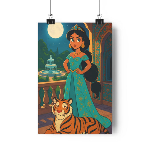 Poster oriental nuit tigre balcon femme robe bleue fleurs dorées fontaine lune architecture arbres motifs romantique mystère élégance salon chambre