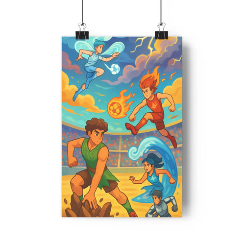Poster football jeunes joueurs saut course ballon nuages couleur terrain cartoon vibrant énergique chambre salon