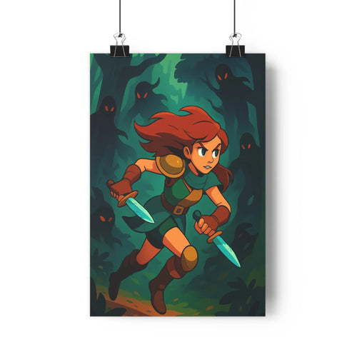 Poster guerrière cheveux roux bottes gilet ceinturon épées bois dense arbres sombres ombres flottantes ambiance mystérieuse tension vert marron bleu