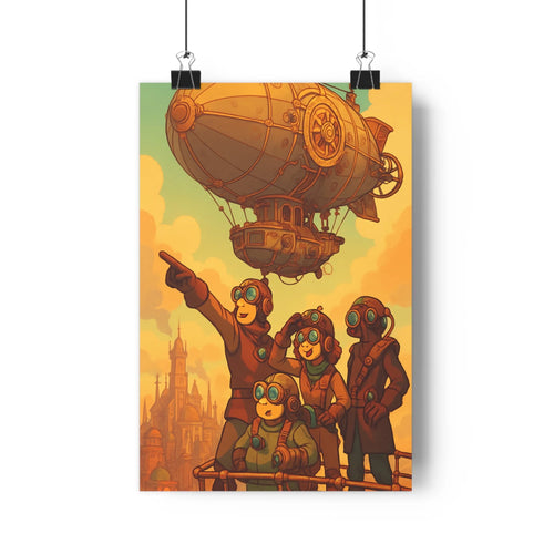 Poster steampunk personnages manteaux casques dirigeable ciel nuages gothique étagère livres plante verte tons sépia ambiance industrielle futuriste intérieur salon
