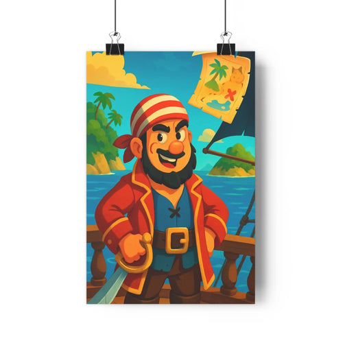 Poster pirate rouge épée îles tropicales palmiers ciel bleu écailles dorées plante verte vase cône pin étagère livres ambiance joyeuse
