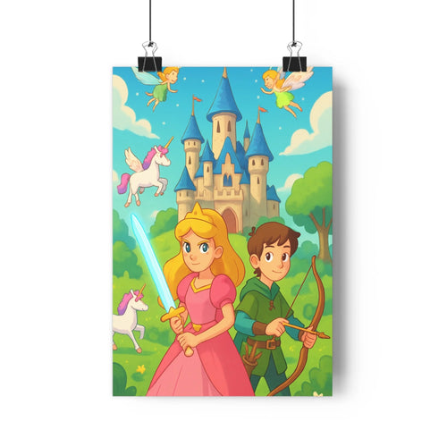 Poster féerique château tour bleue couronne dorée princesse épée prince flèche licorne volante fée vertes couleurs pastel conte magique ambiance
