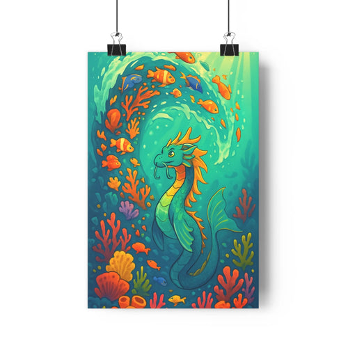 Poster vibrant dragon marin poissons coraux vagues plantes verte étagère bleu orange rouge ambiance cartoon détails fins chambre bureau