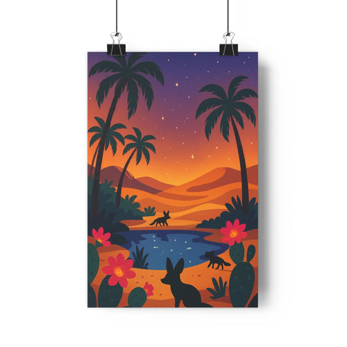Poster crépuscule étoilé palmiers montagnes cactus fleurs lièvre lac orange rose noir bleu minimaliste nature paisible salon chambre