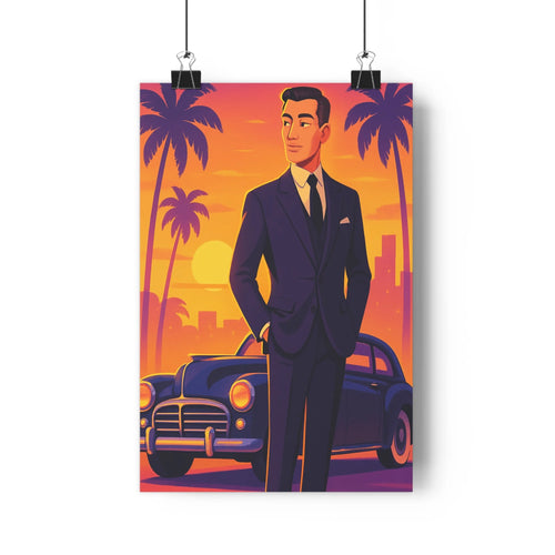 Poster élégant homme costume cravate voiture vintage coucher soleil palmiers ville couleurs rétro violet jaune rose ambiance sophistiquée salon chambreintérieur