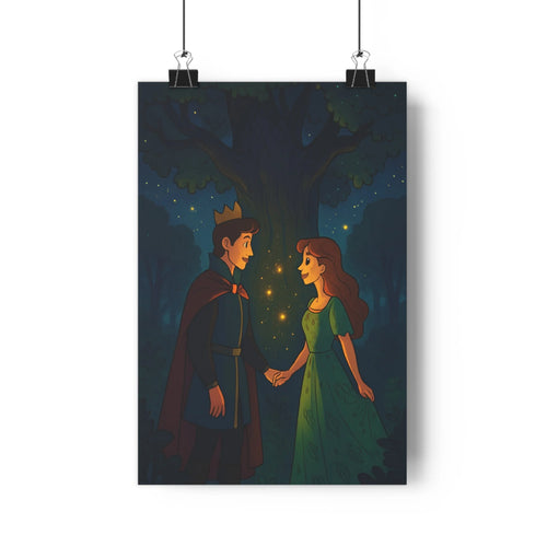 Poster magique forestier prince couronne princess robe arbre lumière flottante nuit couleur bleue rouge ambiance intime chambre salon