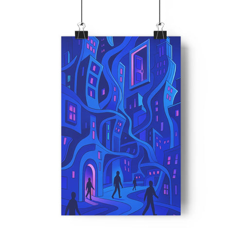 Poster fantastique ville bleu violet rose silhouettes humaines rue lumineuse ambiance mystérieuse forme fluide moderne chambre bureau