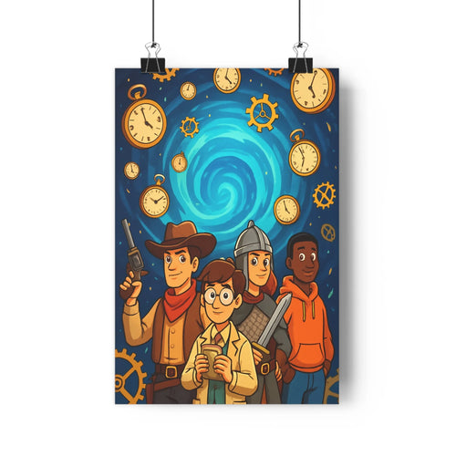 Poster steampunk personnages attributs bleu nuit engrenages spirale mystère cartoon détails simples ambiance intrigante horloge objet déco bureau maison