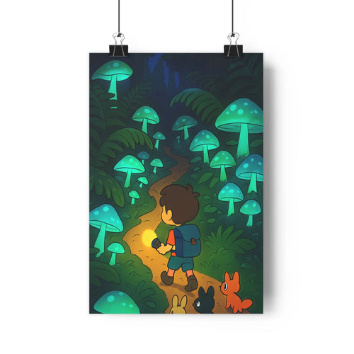 Poster explorateur foret champignons lumineux renard lapin végétation dense feuilles larges couleurs vertes ambiance mystérieuse style cartoon ombres douces pièce