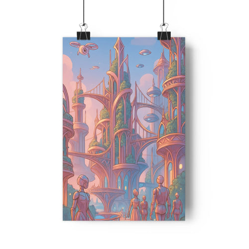 Poster utopique architecturale rose verte vaisseaux personnages paysage luxuriant plantes fluides géométrique moderne paisible rêveur salon chambre