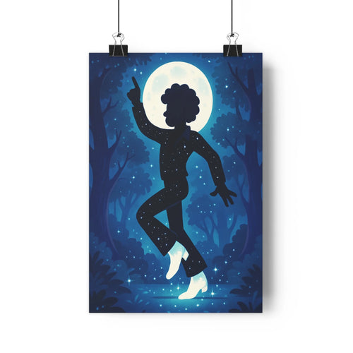 Poster silhouette féminine danse lune bleu nuit étoiles forestier branches mystique romantique liberté élégance simple contour salon chambre