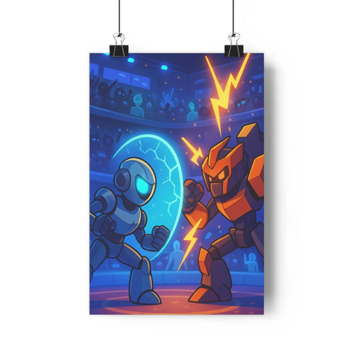 Poster technofuturiste combat robots stade spectateurs bleu orange lumière électrique ambiance intense moderne vibrant chambre salon
