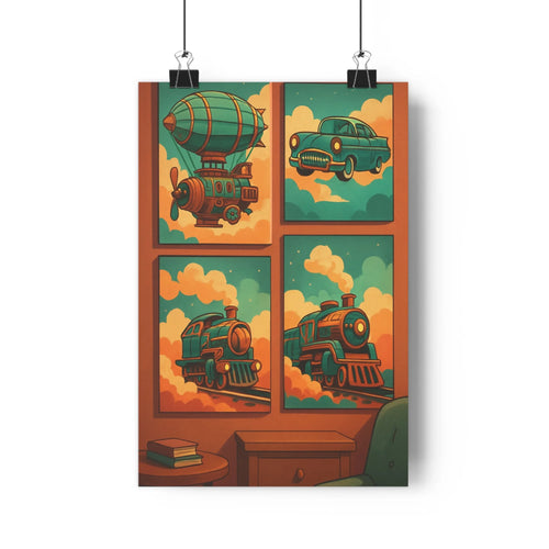 Poster steampunk transports retro orange bleu nuages dirigible voiture train vapeur ambiance nostalgique dynamique salon bureau