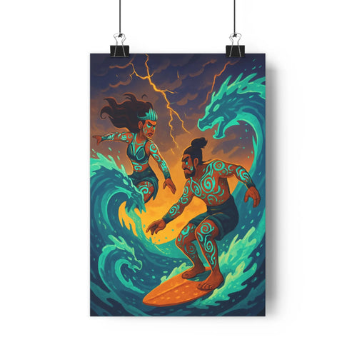 Poster surfeuses dragons vague lumineuse motifs floraux nuages sombres foudres plantes vertes mobilier blanc ambiance électrique intense vibrant moderne chambre
