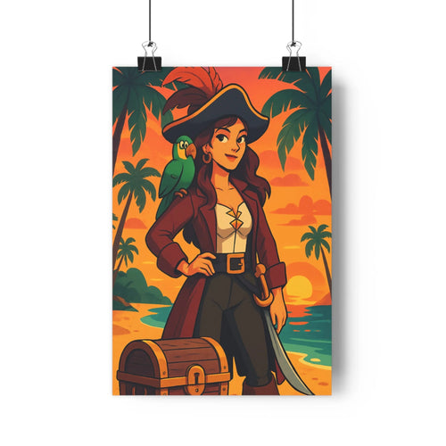 Poster femme pirate sabre trousse perroquet plage coucher soleil palmiers nuages roses blouse corsage ceinturon chapeau plume orange ambiance festive