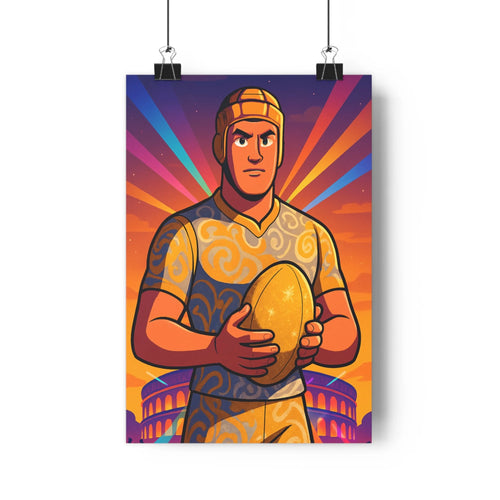 Poster rugby joueur uniforme jaune bleu balle ciel coloré rayons lumineux colisée historique ambiance dynamique sportive chambre salon