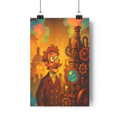 Poster steampunk rétro chaud cartoon inventeur machine boutons dorés fumées colorées feuilles monstera ambiance industrielle vintage bureau atelier