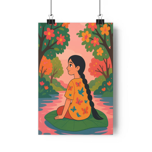Poster féerique femme lotus papillons robe couleur forêt feuilles calme naturelle élégante contours détails subtils palette douce vibrant chambre salon