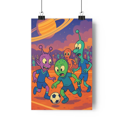 Poster extraterrestres football planète anneaux nuit bleu rose vert simple comique joyeux dynamique chambre salon