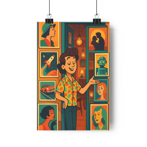 Poster homme souriant cadres diverses images femme chapeau fusée voiture robot portraits lampe suspendue intérieur porte ouverte exploration ambiance positive