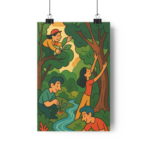Poster forestier personnages interaction arbre feuille ruisseau fleurs couleurs vert bleu rouge style cartoon naturel calme salon chambre
