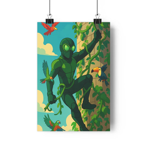 Poster suspensif jungle vert combinaison lianes arbres oiseaux coloré graphique bandesdessinées vivace naturel salon chambre déco