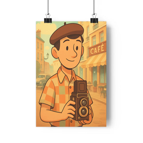 Poster vintage cartoon homme caméra chapeau chemise carreaux rue bâtiments café tons chauds orange vert bleu ciel ambiance joyeuse conviviale