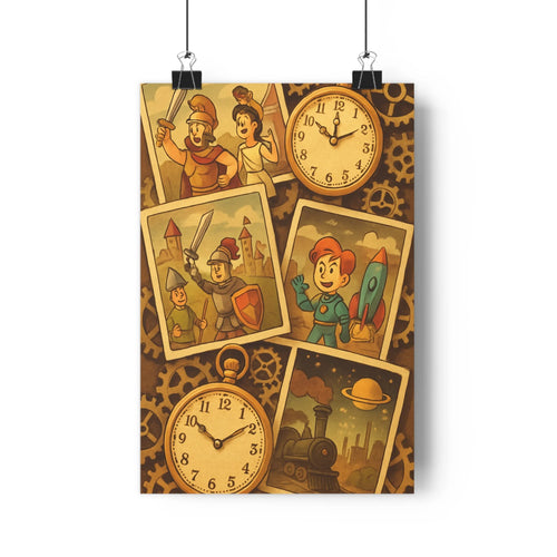 Poster vintage horloges roues dentées armures épées robe blanche mystère aventuriers soldats fusées locomotive industrie couleurs brunes ambiance rétro