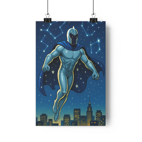 Poster superhéros volant nuit étoiles costume bleu cape noire gratte-ciels dorés ville moderne ambiance libre aventurier chambre salon bureau