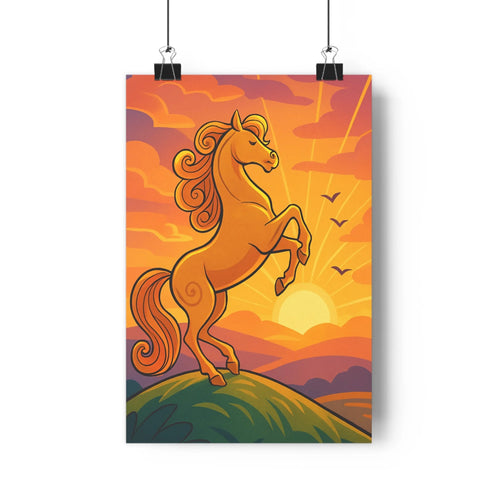 Poster cheval sauvage feuilles orange nuages roses jaunes soleil couchant oiseaux montagnes violettes plante verte ambiance joyeuse style cartoon dynamique