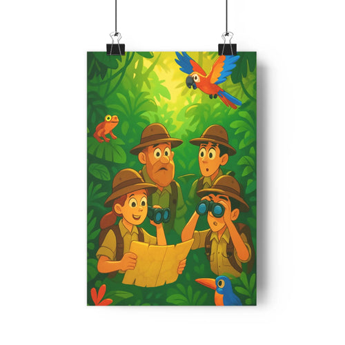 Poster explorateur foret luxuriante chapeaux lunettes perroquet oiseau bleu rouge feuilles contour net couleur vive ambiance naturelle salon chambre