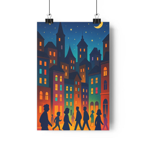 Poster urbain nuit silhouettes humaines ciel étoilé lune bâtiments colorés rouge orange jaune vert bleu style plat minimaliste ambiance paisible