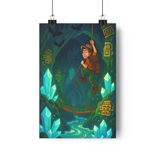 Poster aventure explorateur caverne stalactites stalagmites chauves-souris ambiances mystérieuses couleurs bleues vertes dorées style cartoon contours nets ombres douces chambre