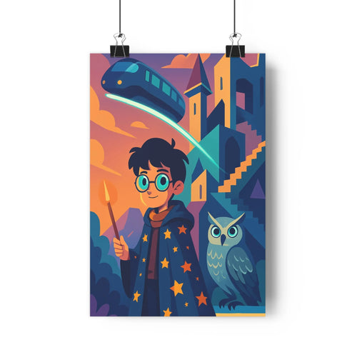 Poster sorcier chouette train volant château nuages colorés magie mystère enfant aventurier style moderne contours nets ambiance fantastique chambre décoration