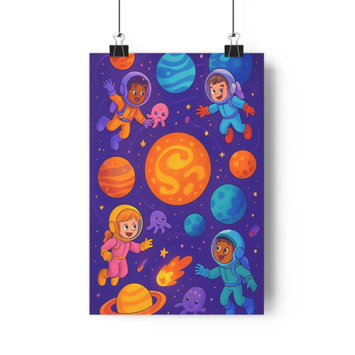 Poster explorateurs spatiaux planètes comètes joyeux flottants contours nets couleurs vives ambiance fantastique chambre enfant