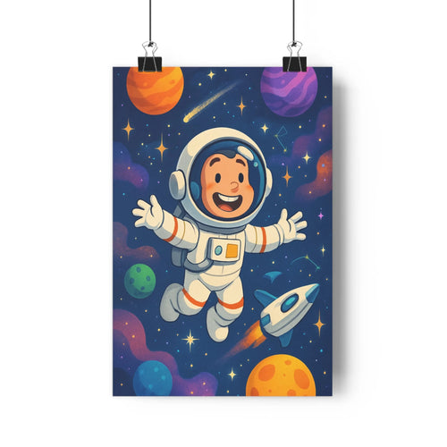 Poster astronaute espace planètes vaisseau spatial joyeux cartoon bleu violet couleurs vives contours nets fantastique chambre enfant ludique spacieuse