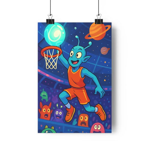 Poster extraterrestre bleu basket planètes saturne monstres couleur bleue violine humour enfantin contours nets expressions faciales joyeuse fantastique chambre salon