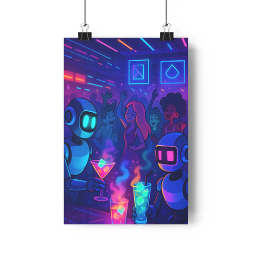 Poster robots cocktails nuit danseurs néons bleu violet rose moderne vibrant futuriste festive chambre salon