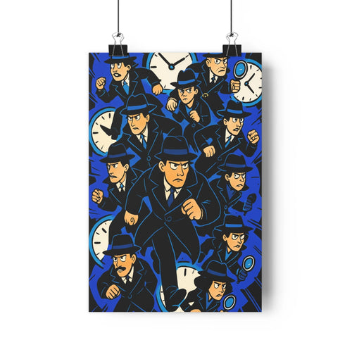 Poster sombre personnages costumés chapeaux pressés mission importante fond bleu tension gravité course contre la montre ambiance intense salon bureau
