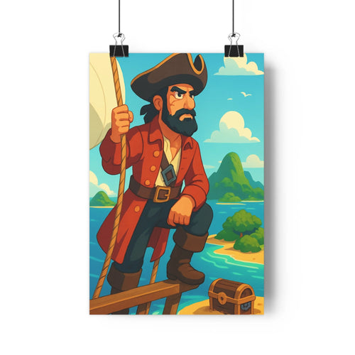 Poster pirate aventurier plateau bois corde trésor serrure montagnes ciel bleu vêtements rouges boutons dorés style cartoon contours nets couleurs