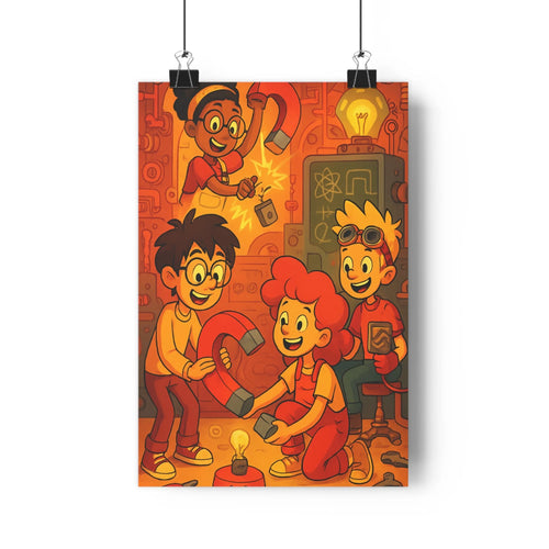 Poster enfants laboratoire aimant scientifiques tableaux chimie vibrant cartoon expressions aventure exploratoire chambre étude