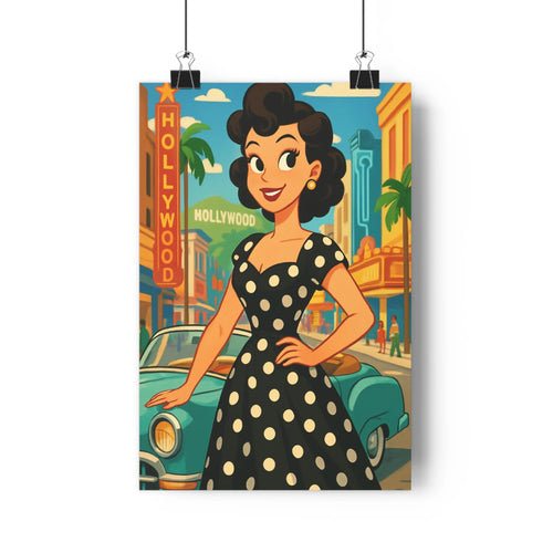 Poster femme assurée voiture vintage rue hollywood palmiers enseignes lumineuses bleu noir doré vert rétro années cinquante joyeux festive salon