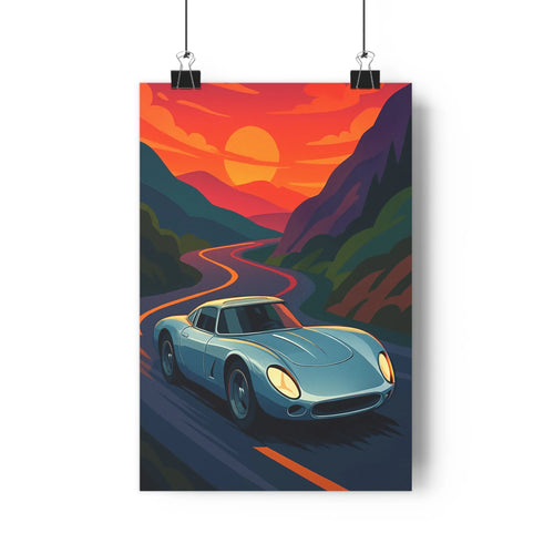Poster voiture sportive montagnes coucher soleil nuages oranges rouges ciel vibrant dynamique moderne élégance salon bureau chambre