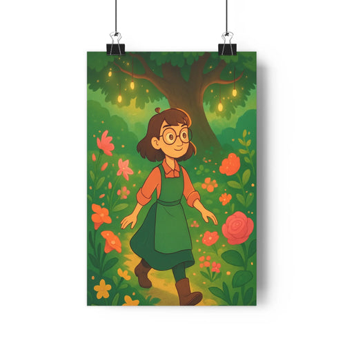Poster jardin enchanté fille robe verte tablier bottes lunettes fleurs colorées arbre majestueux lumières dorées ambiance douce cartoon couleurs vives