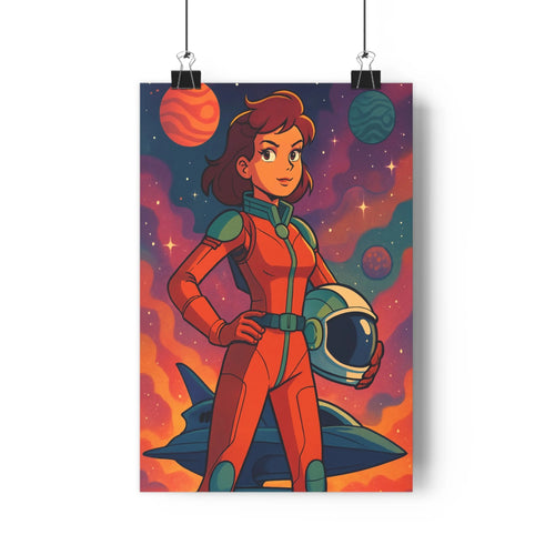 Poster femme astronaute espace vaisseau casque étoiles moderne technologique rouge vert bleu ambiance exploratoire chambre bureau