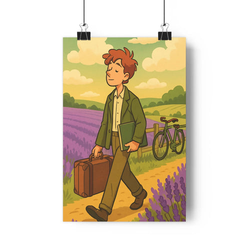Poster voyage rural lavande livre valise paysage champêtre collines verdoyantes ciel nuageux ambiance réflective nature tranquille style cartoon couleurs vives